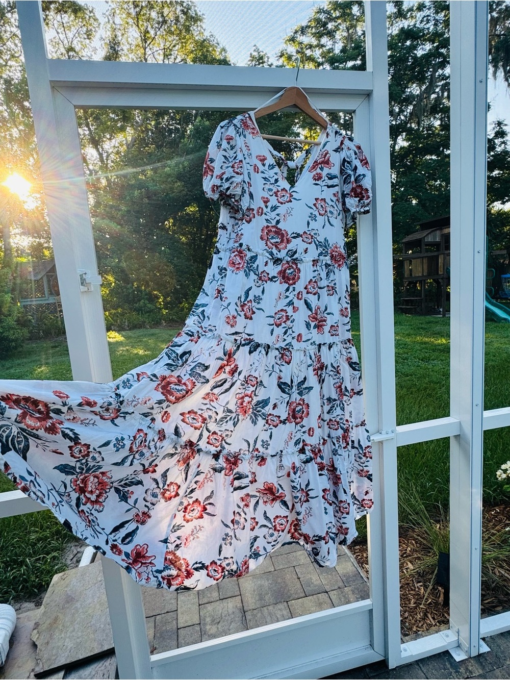 Lucky Brand Cream Maxi Dress with Coral and Navy Floral Print